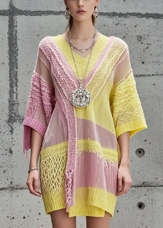 Today's Special Italian Colorblock V Neck Patchwork Knit Dress Fall