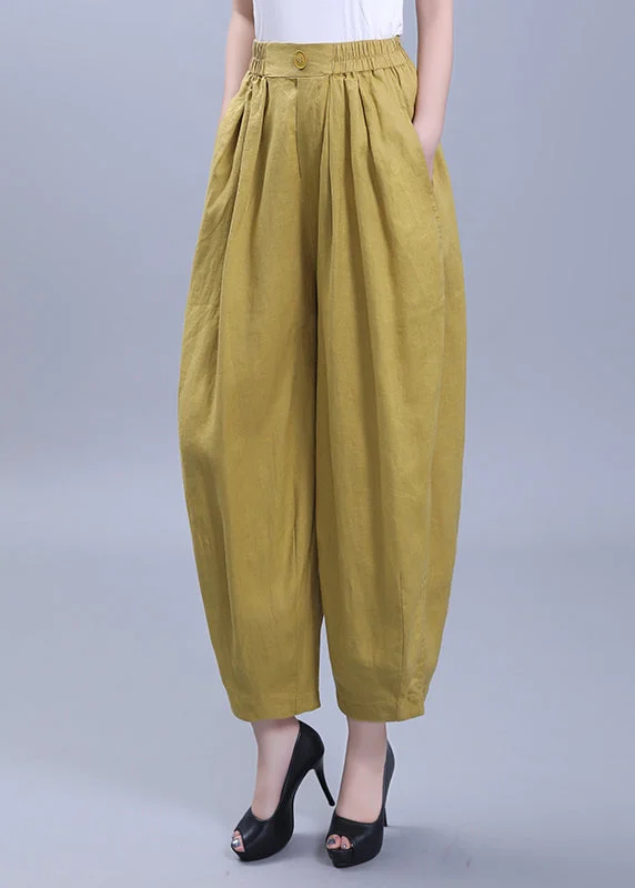 Unmissable Offer Loose Yellow Wrinkled Pockets Patchwork Linen Crop Pants Summer
