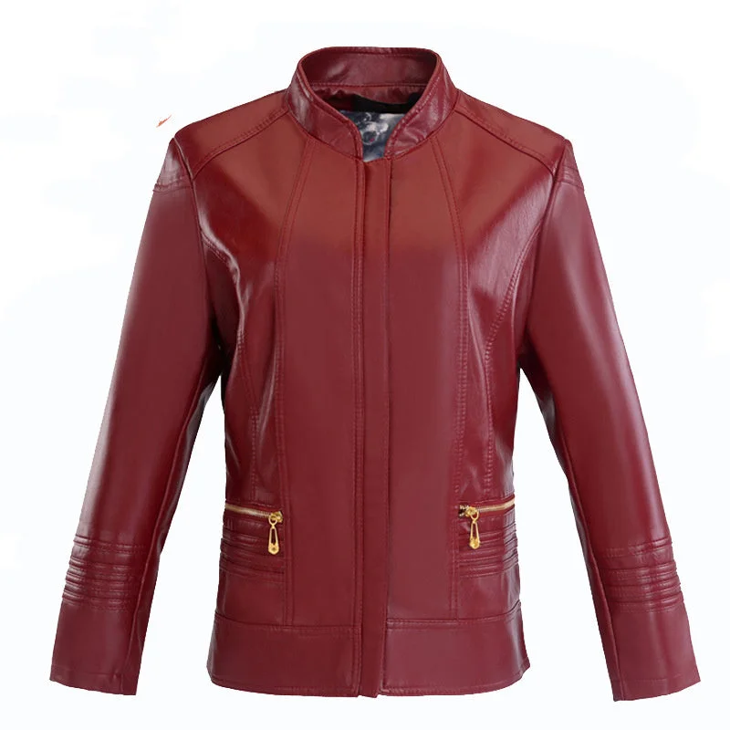 Deal Dash Middle-aged And Elderly Women's Leather Jacket Short Stand Collar Zipper Slim Fit