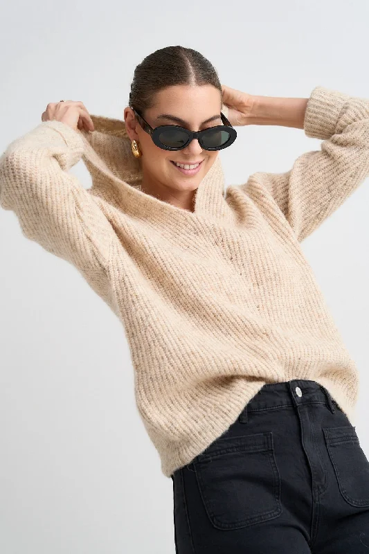 Time-Sensitive Birdie Oat V Neck Hooded Knit Jumper