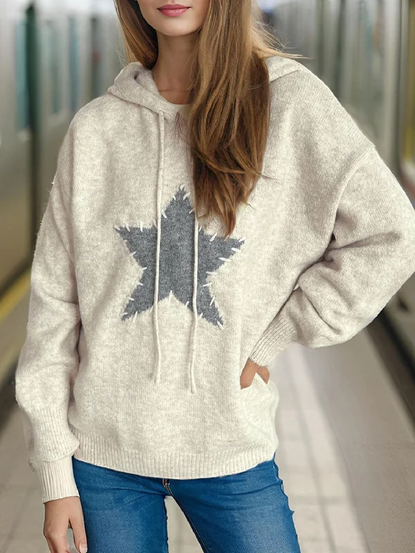 Overstock Sale Drawstring Star Long Sleeve Hooded Sweater