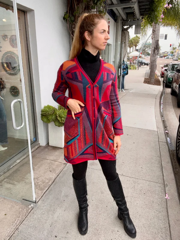 Great Deals Long Abstract Motive Cardigan - Red