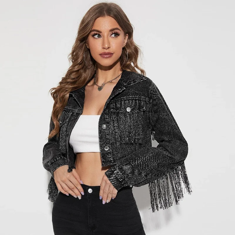 Super Deal Women's Fashionable Fringed Stitching Distressed Denim Jacket