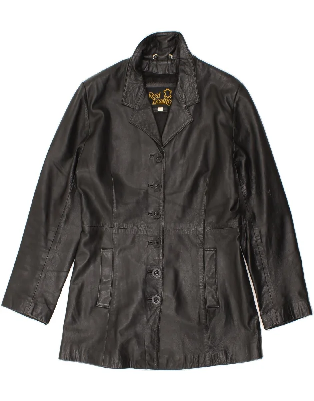Daily Deals VINTAGE Womens Leather Coat UK 14 Large Black Leather