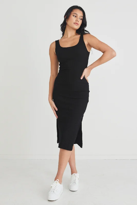 Pay Less Ember Black Square Neck Rib Knit Tank Dress