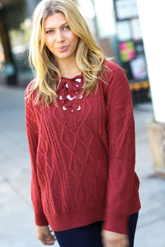 Limited Time Rust Cable Knit Lace Up V Neck Sweater