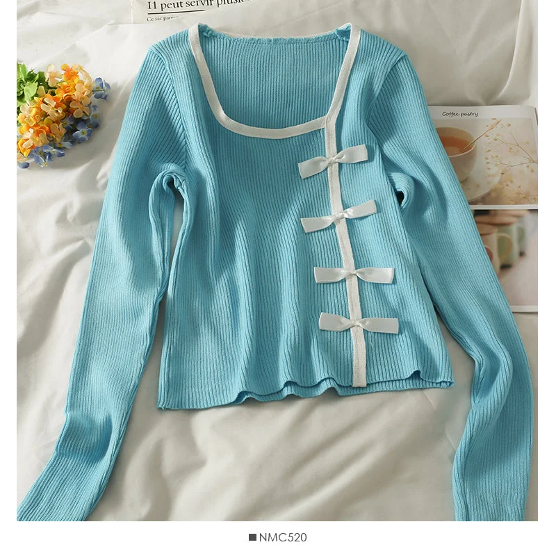 Take Advantage Color matching bow decoration slim long sleeve sweater  2076