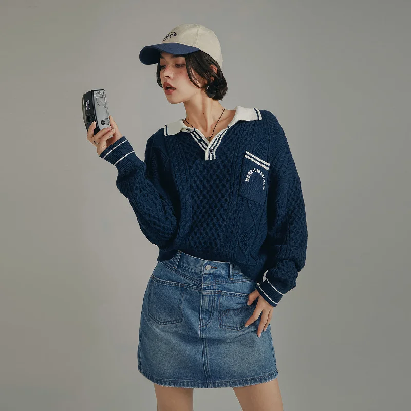 Final Markdown Polo Neck Color Varsity Knit Sweater