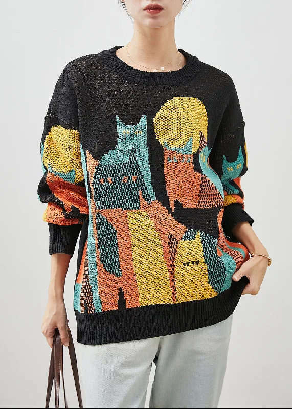 Fantastic Offers Original Design Black Print Knit Short Sweater Winter