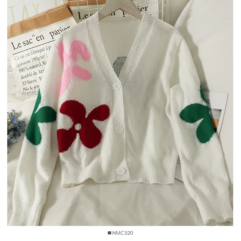 Don't Wait Slim low neck single breasted printed sweater women's new long sleeve versatile cardigan sweater  2082