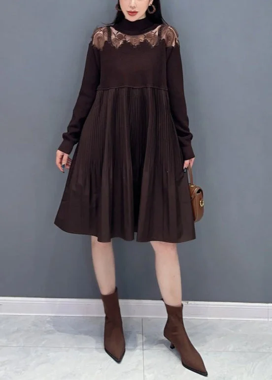 Weekend-Only Price Drops French Brown Hollow Out Wrinkled Knit Dresses Long Sleeve