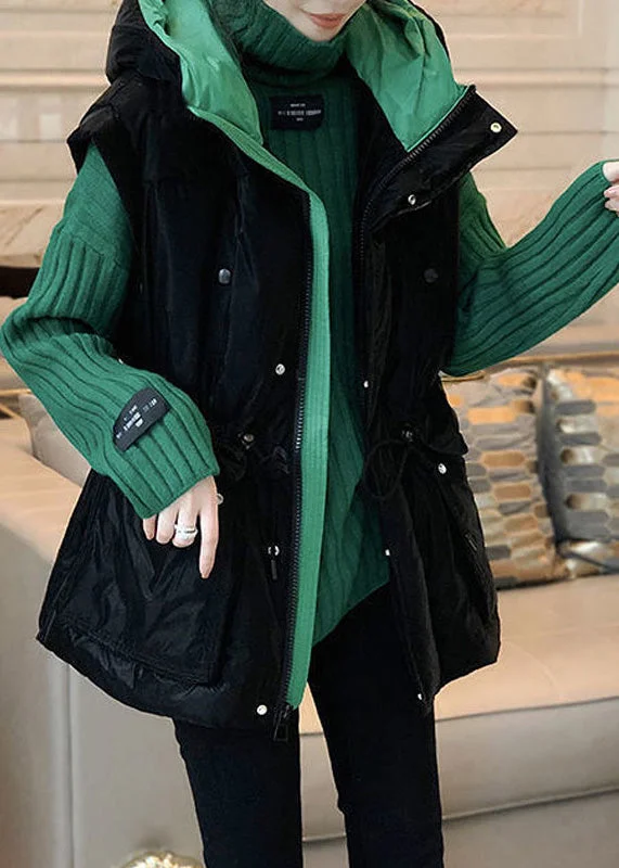 Online Only Loose Black Waistcoat And Green Sweaters Cotton Filled Two Pieces Set Sleeveless