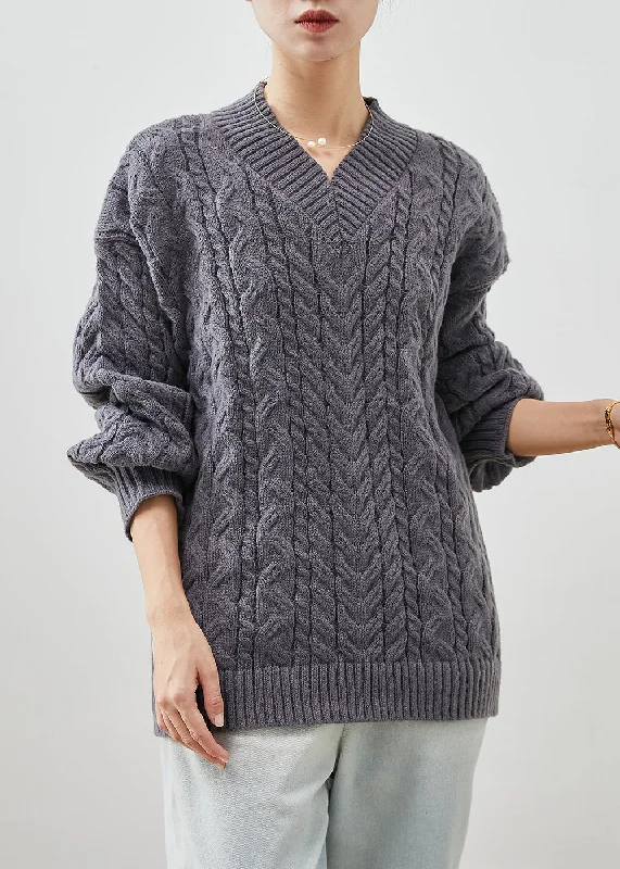 Weekend Specials to Love Cozy Grey V Neck Thick Cable Knit Sweater Tops Winter