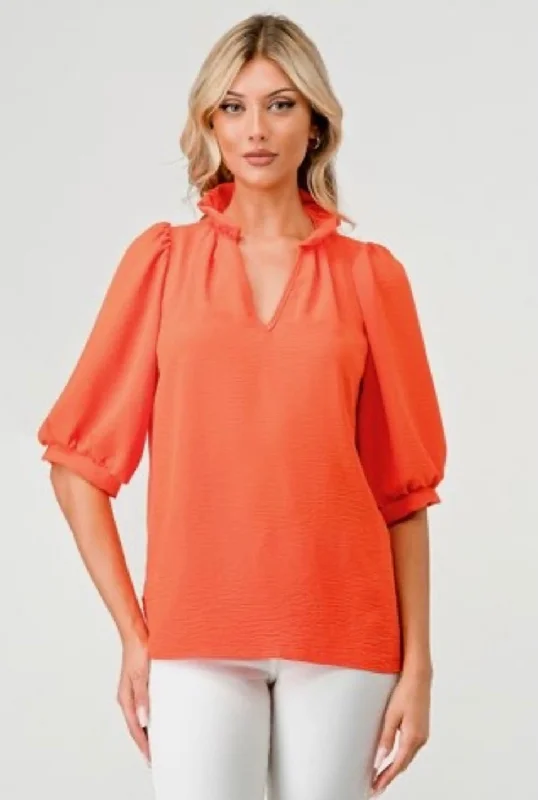 The Best Prices Orange Ruffle Neck Top