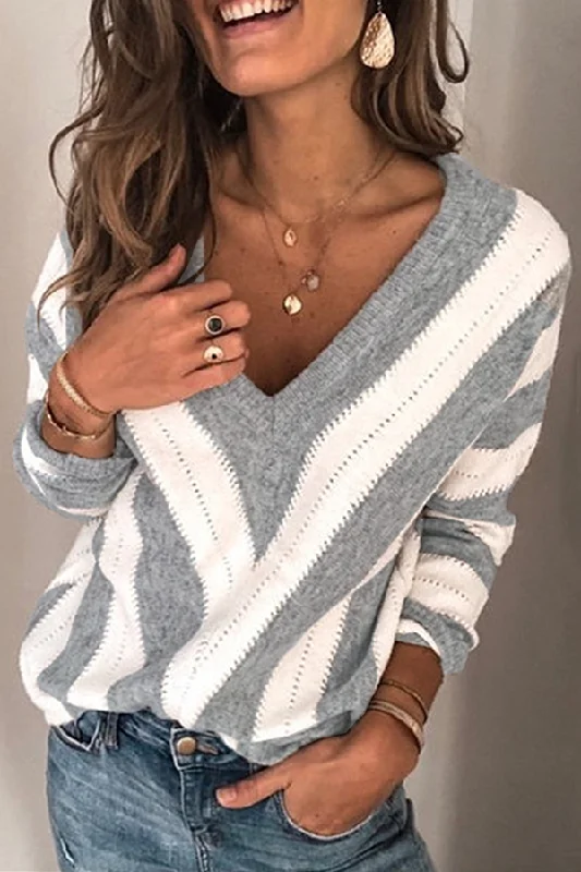 Daily Special Casual Striped Split Joint Contrast V Neck Tops(5 Colors)