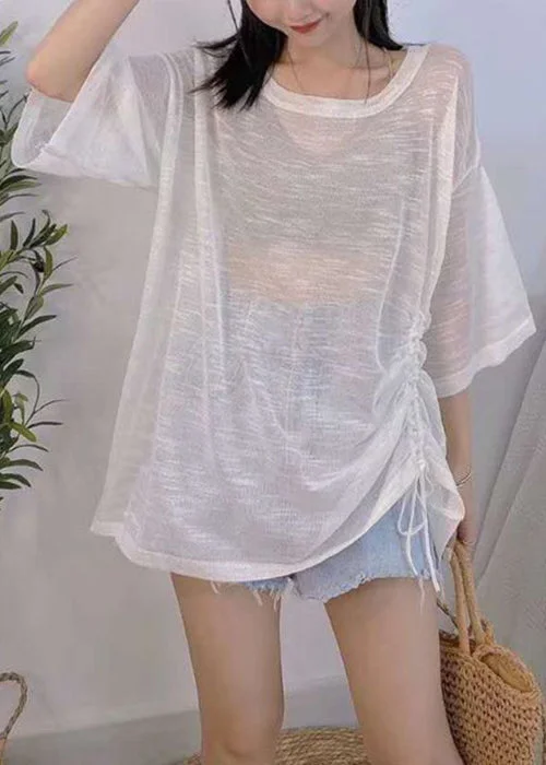 Weekend Offers That Tempt White Lace Up Thin Ice Silk Knit Top O Neck Half Sleeve