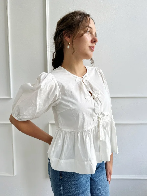 Deal Mania Puff Sleeve Front Tie Top