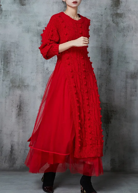 Crazy Savings Bohemian Red Fuzzy Ball Decorated Knit Dress Two Piece Suit Set Spring