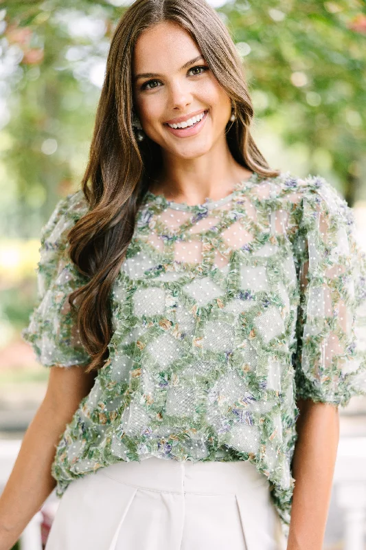 Year-End Clearance Meet In The Garden Olive Green Textured Floral Blouse