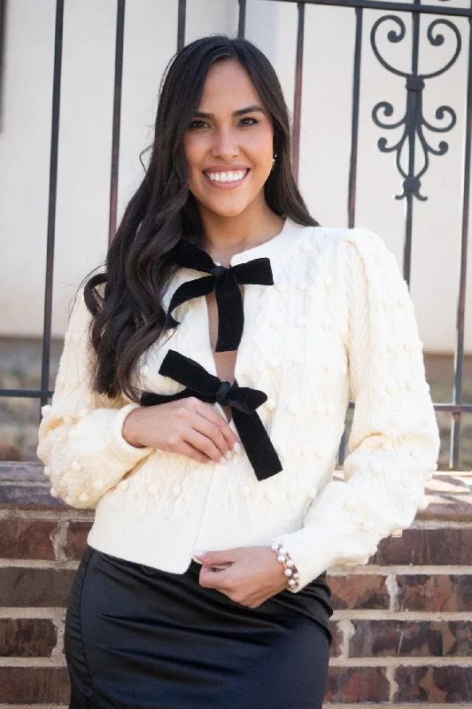 Year-End Sale Double Take White With Black Bows Open Sweater