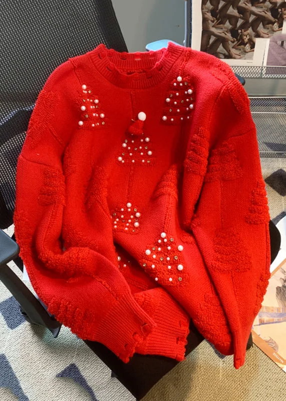 Don't Miss Out Loose Red O-Neck Nail Bead Patchwork Cotton Knit Sweaters Spring