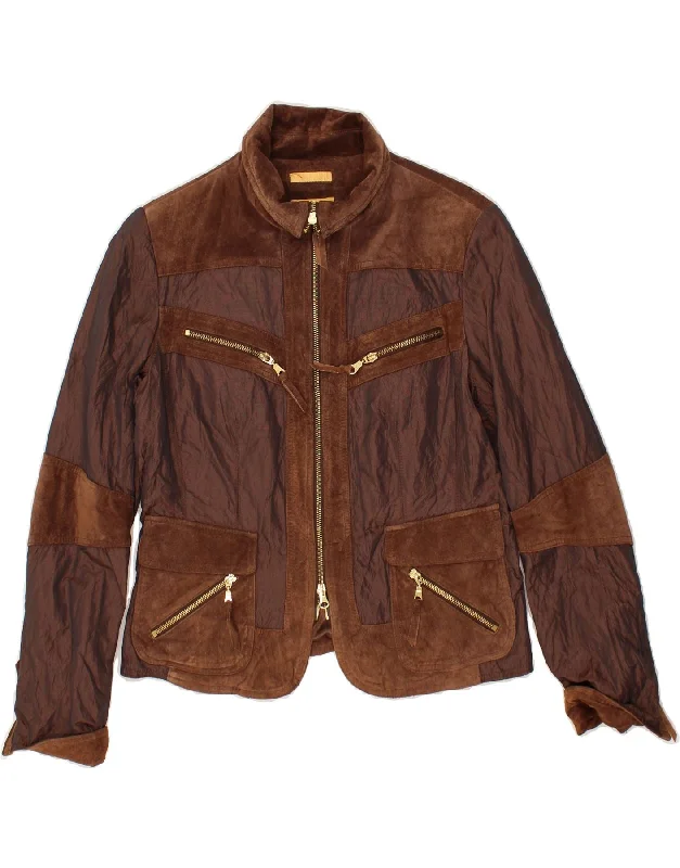 Deal Alert BIBA Womens Leather Bomber Jacket UK 12 Medium Brown Colourblock Leather