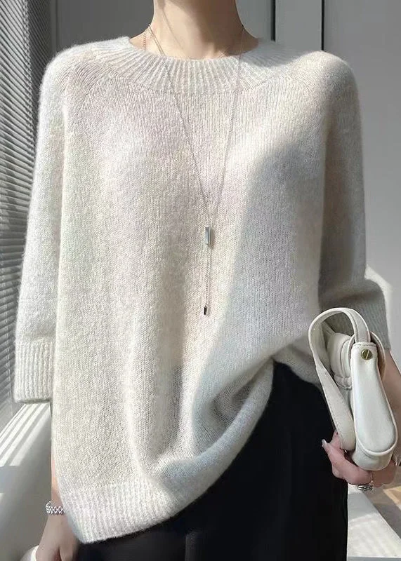 Weekend Offers That Excite Simple Light Grey O Neck Thin Cashmere Sweater Tops Bracelet Sleeve