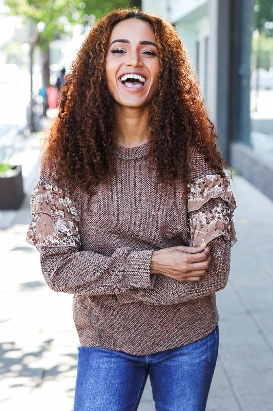 Weekend Bargains Just for You Two Tone Knit Floral Print Frill Detail Sweater