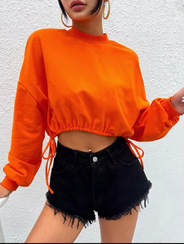 Low Price Orange Drawstring Crop Sweatshirt