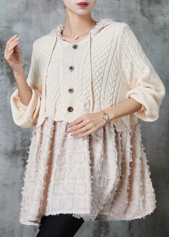Season Finale Sale Beautiful Beige Hooded Patchwork Knit Dress Spring