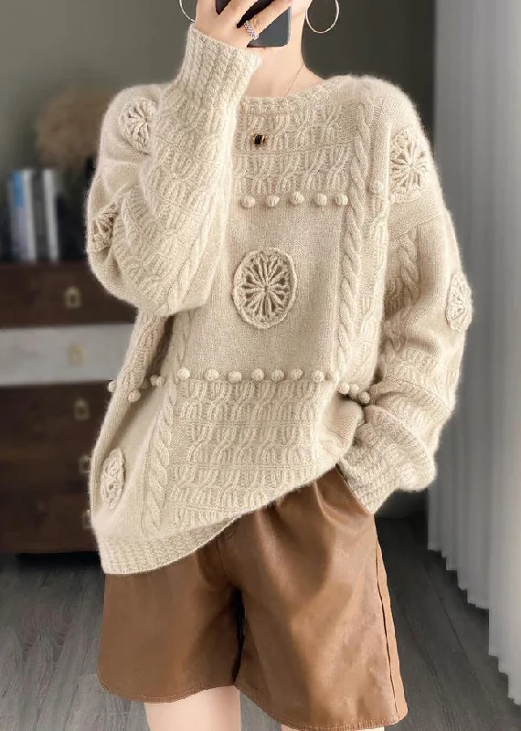 Holiday Sale Loose Beige O-Neck Hollow Out Cotton Knit Sweater Long Sleeve