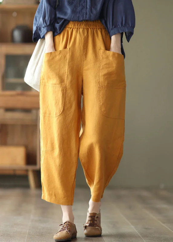 Flash Sale Women Yellow Elastic Waist Pockets Linen Harem Pants Spring