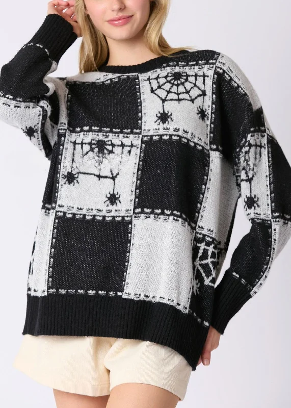 Huge Discounts French Black Plaid Cozy Patchwork Knit Sweater Fall