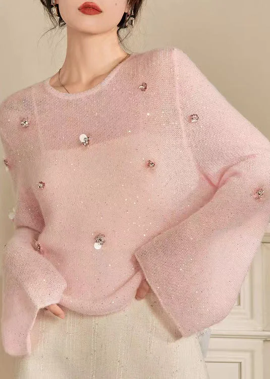 Hot Buy French Pink O Neck Zircon Sequins Thin Knit Top Spring
