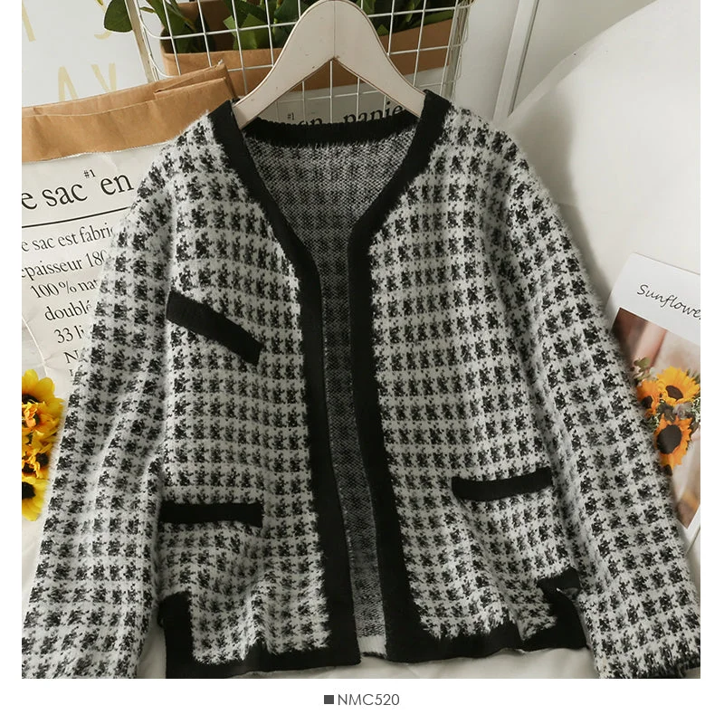Unmissable Offer Sweater women's autumn and winter check loose and thin long sleeved cardigan  2075