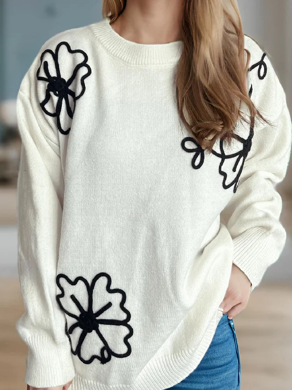 Extra Savings Flower Round Neck Long Sleeve Sweater