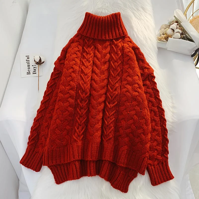 Limited Quantity Red high neck twist sweater women's loose and lazy style  4911