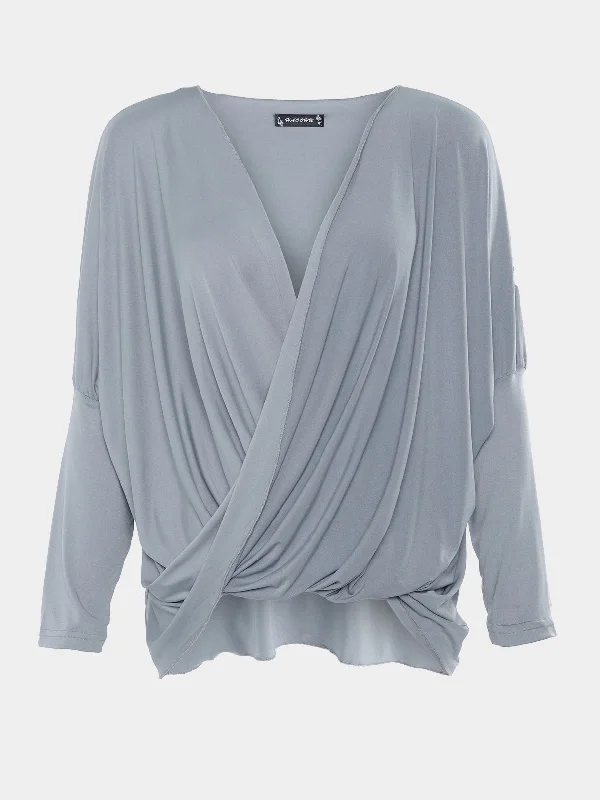 Limited Time Custom V-Neck Crossed Front Pleated Long Sleeve Irregular Hem Grey T-Shirts
