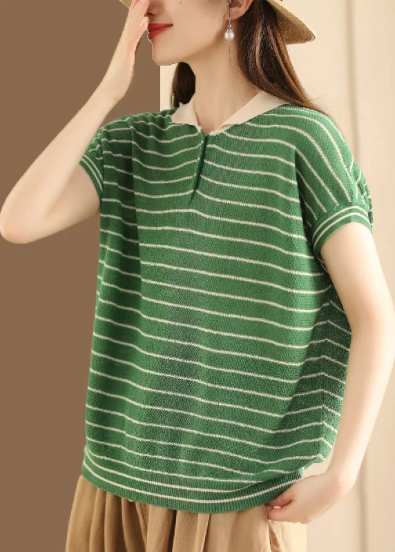 Friends and Family Sale Boutique Green Striped Peter Pan Collar Patchwork Linen Knit Top Summer