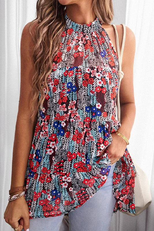 Blowout Deals Floral Tied Grecian Neck Tank