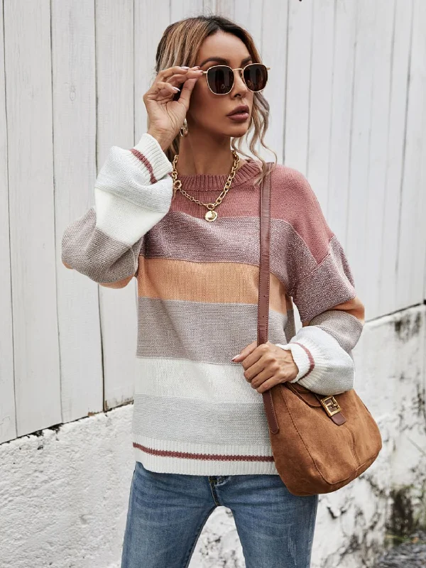 Closeout Sale Striped Ribbed Trim Sweater