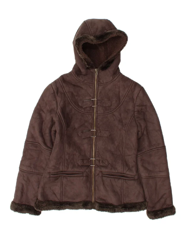 Savings Spectacular AVENUE Womens Hooded Sherpa Jacket UK 12 Medium Brown Polyester