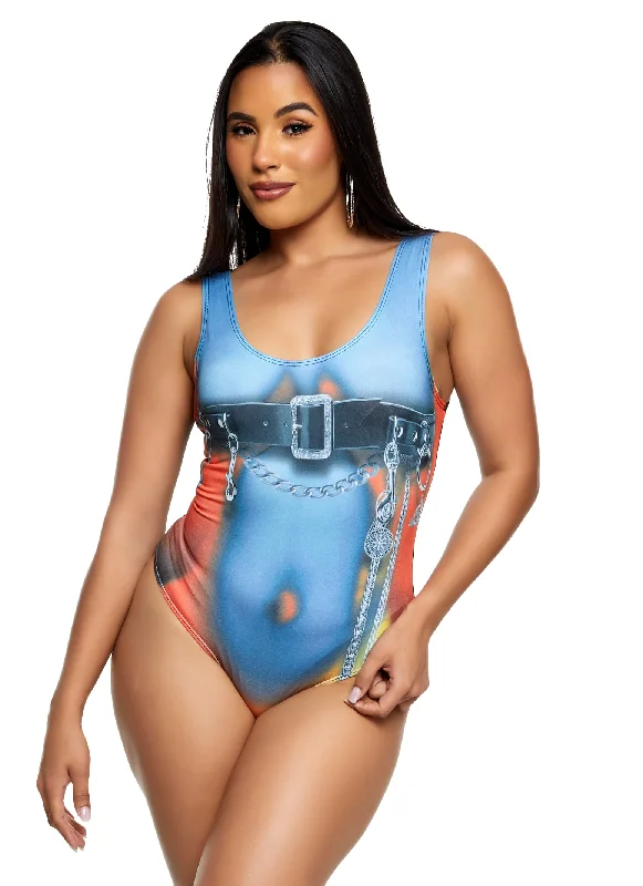 Weekend Bargains to Relish Buckle Body Print Sleeveless Bodysuit