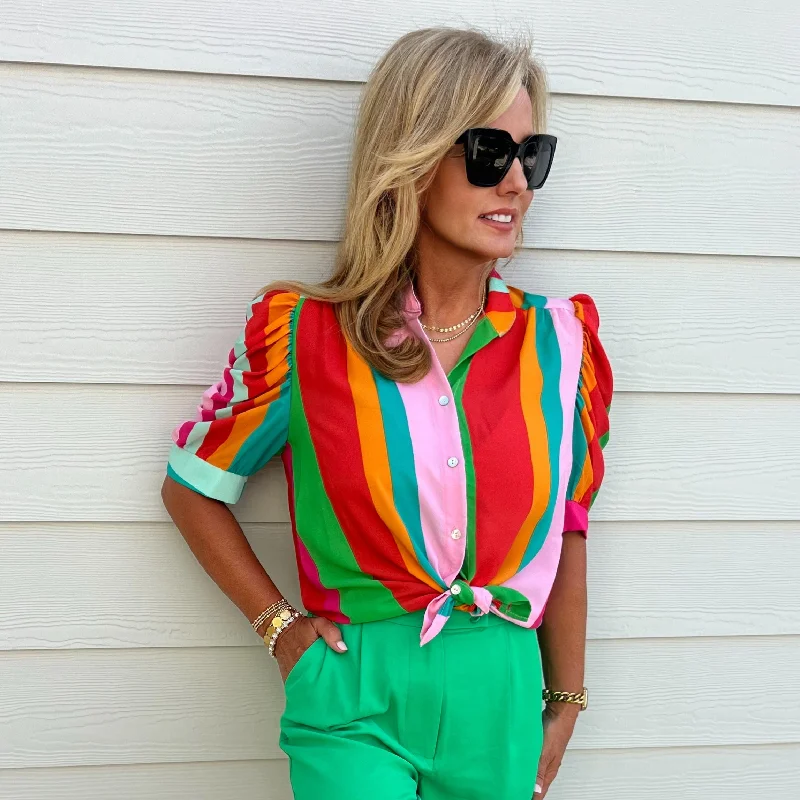 Weekend Sale: Don't Miss Out Adia Puff Sleeve Button Down Top | Summer Stripe