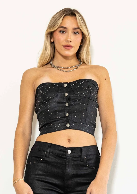 Buy Now Coated Demin Rhinestone Strapless Bustier Top