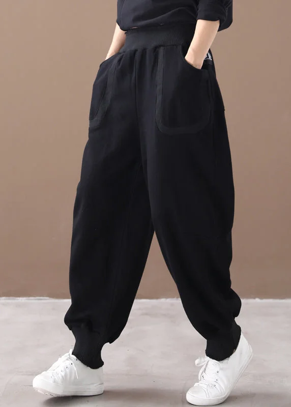 Year-End Sale Casual Black Print Pockets Elastic Waist Cotton Beam Pants Fall