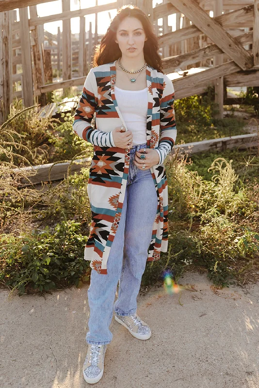 Special Discount Multicolor Striped Cuffs Aztec Print Color Block Long Cardigan