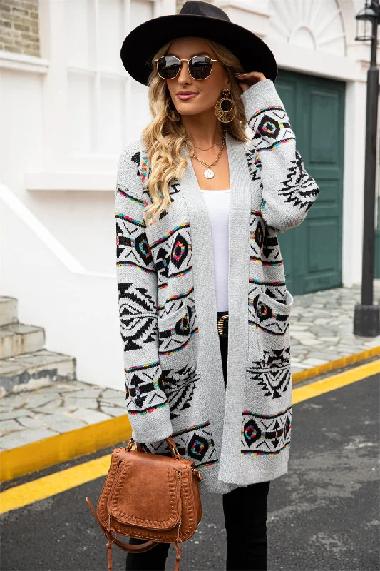 Stock Clearance Printed Long Sleeve Cardigan with Pocket