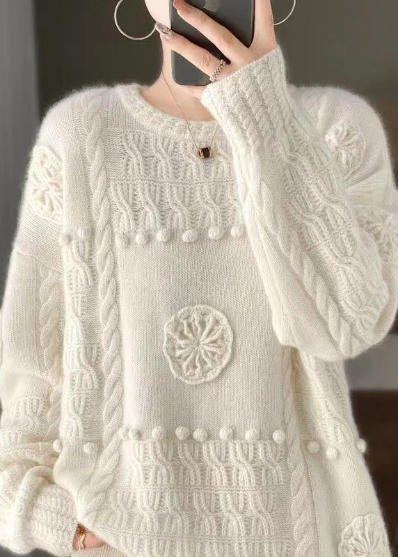 Exclusive Offers Italian White Embroidered Hook Flower Wool Sweaters Spring