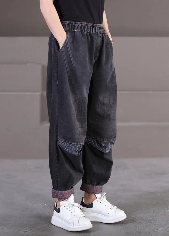 Online Exclusive Vintage Black Pockets Print Elastic Waist Denim Pants Fall